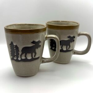 Nantucket Home for Christmas-Ceramic Coffee Mugs-Set of 2-Woodland Moose-EUC